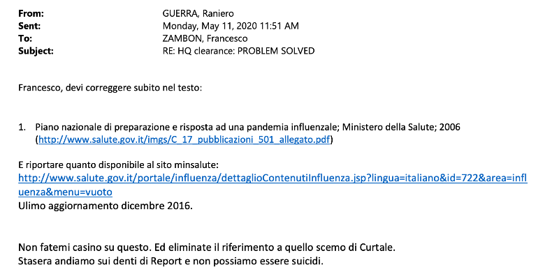 Ranieri Guerra's email to Francesco Zambon mentioning 2016 as last update