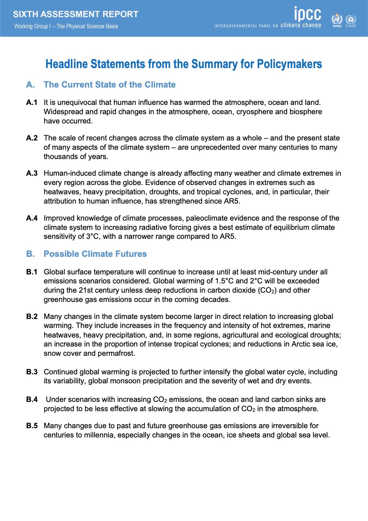 IPCC Headline Statements from the Summary for Policymakers