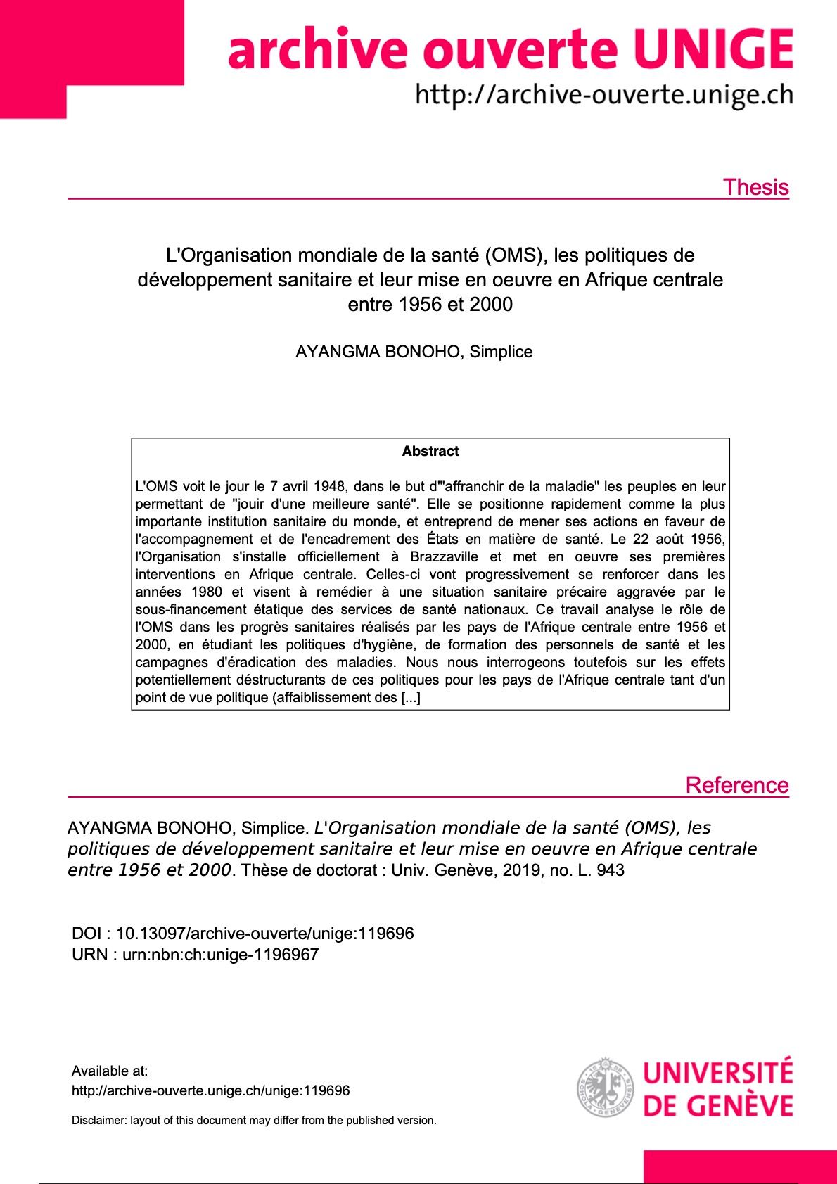 L'Organisation mondiale de la santé (OMS), les politiques de développement sanitaire et leur mise en oeuvre en Afrique centrale entre 1956 et 2000