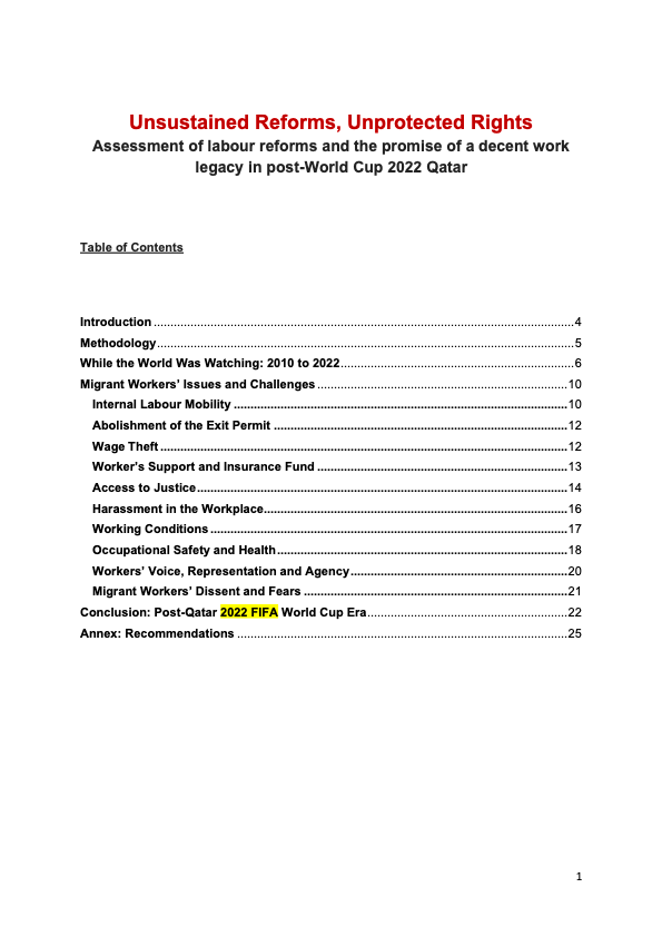 "Unsustained Reforms, Unprotected Rights" - BWI's Full Report on Migrant Workers' Plight in Qatar Post World Cup 2022